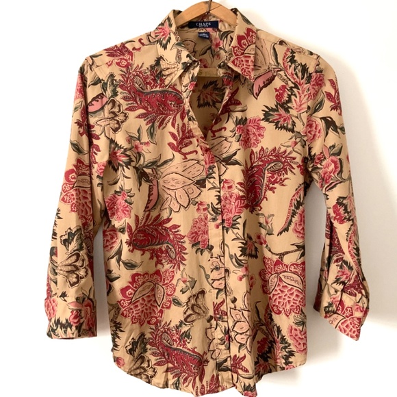 80’s 90’s Cotton Floral Paisley Blouse CHAPS Taupe Red Green Pink Beige Medium M - Picture 2 of 8